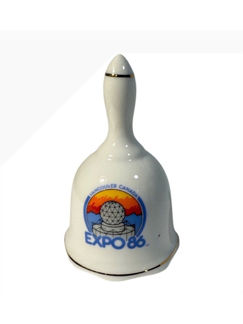 Expo 86 Vancouver Canada Souvenir Bell White Porcelain With Gold Trim 3" Tall